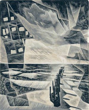 Cold Cold Sea - a wood engraving by Neil Bousfield inspired by the coastal village of Walcott