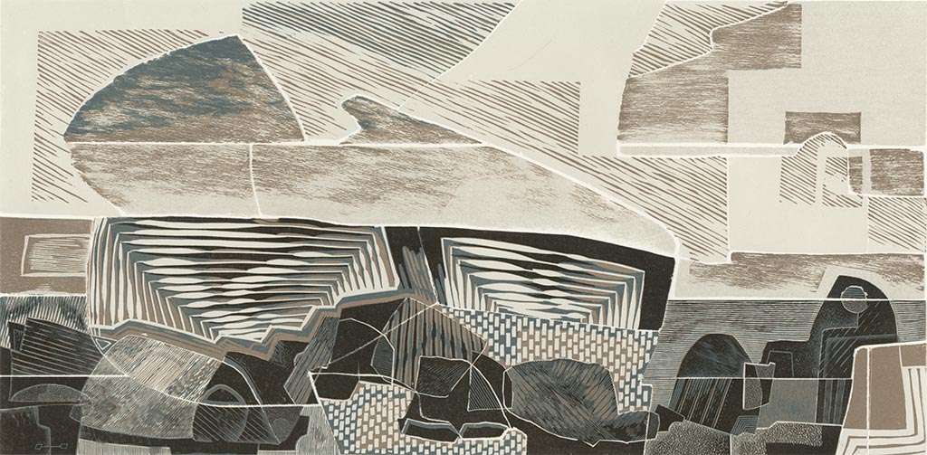 Land and Sea, Past and Present II - linocut, woodcut and engraving by Neil Bousfield